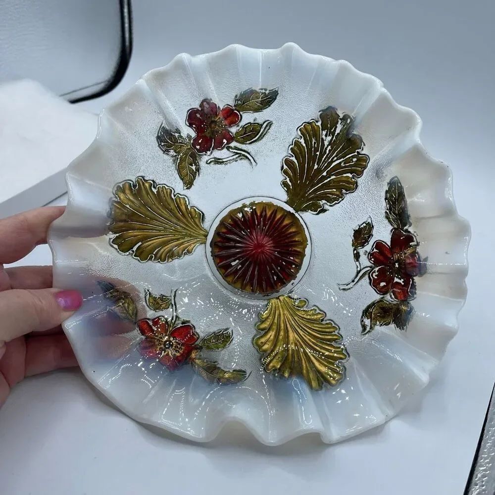 Vintage Northwood Opalescent Goofus glass bowl. Hand painted 1901-1910.
